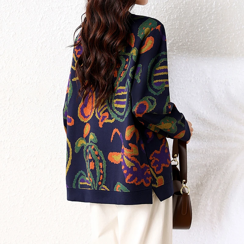 L-XXXL sudadera para mujer primavera otoño Tie-dyed estampado manga larga cuello redondo Top suelto Casual jerseys jersey azul oscuro