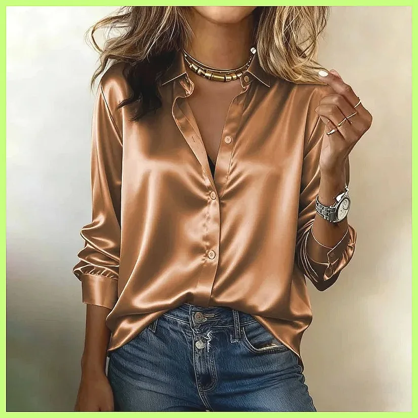 

2026 New Women's Satin Lapel Cardigan, Elegant Long Sleeve Blouse for Office & Commuting, 10 Colors