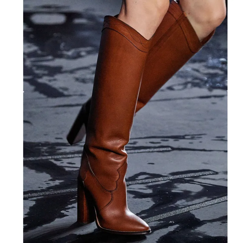 

Women Genuine Leather Catwalk Knight Boots Sexy Thick Heel Fashion Round Toe Fashion Boots Catwalk Knee-High Snake Print Boot