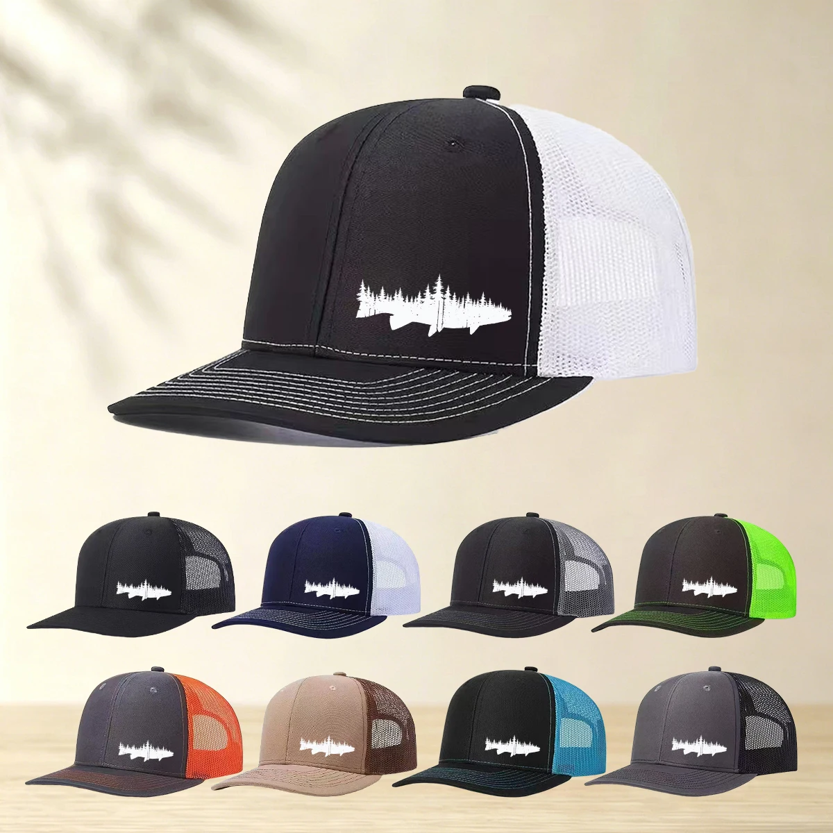 1PC Mens Womens Two Tone Fish Pine Tree Print Trucker Hat Lightweight Summer Outdoor Angler Gift Baseball Cap