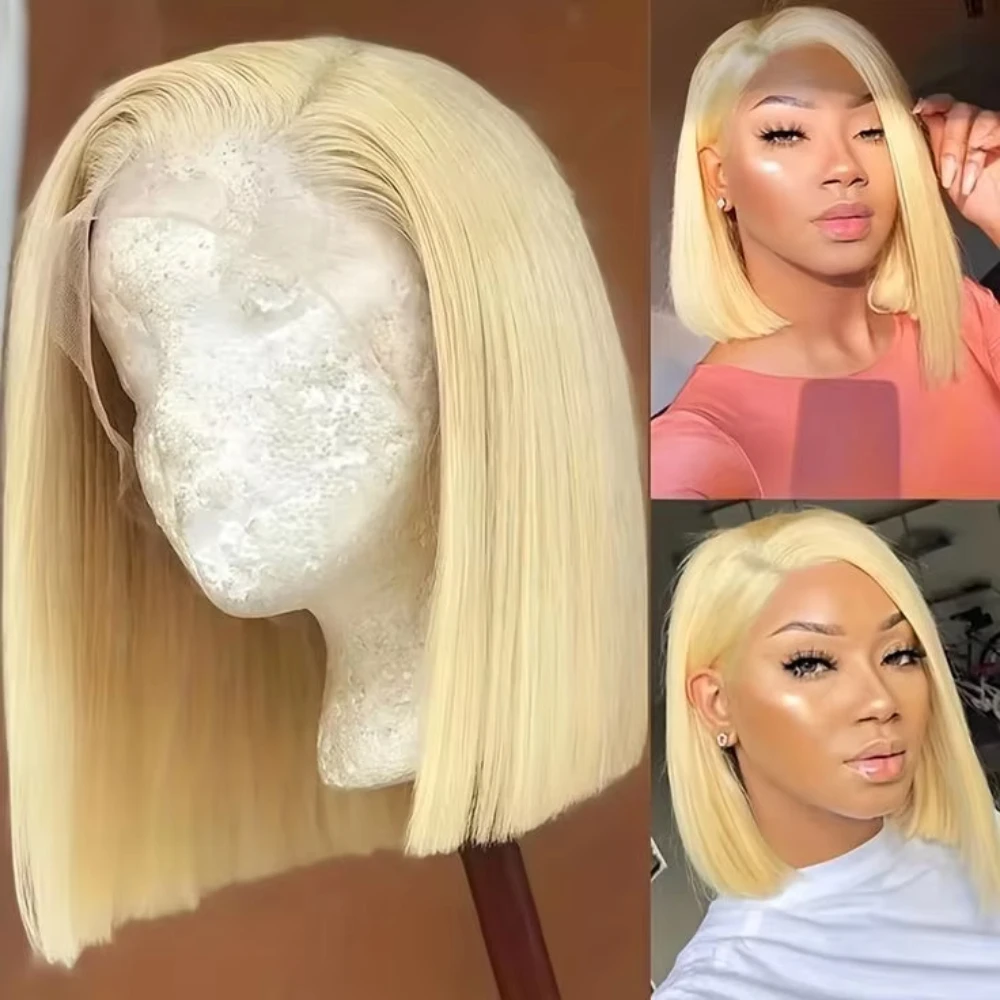 

13x4 Blonde Bob Lace Front Wig Pre-Plucked Human Hair10" Straight 180% Density with Baby Hair for Women Elegant