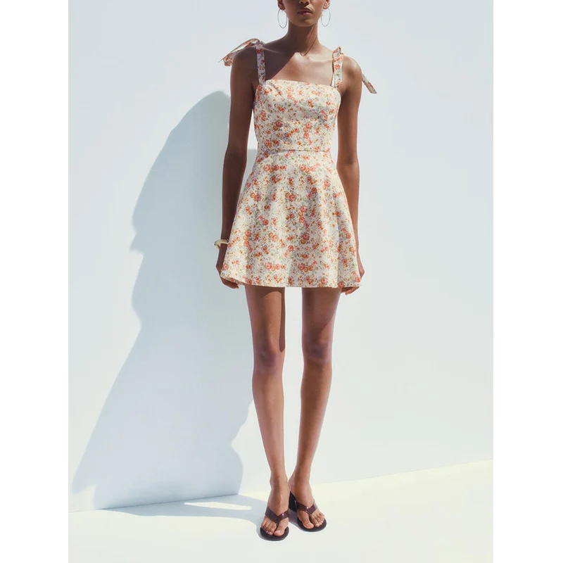 Vestido de Verano Estilo Campestre para Mujer con Estampado de Lazo de Mariposa, Cuello Recto, Tirantes, Largo Corto, Casual,...