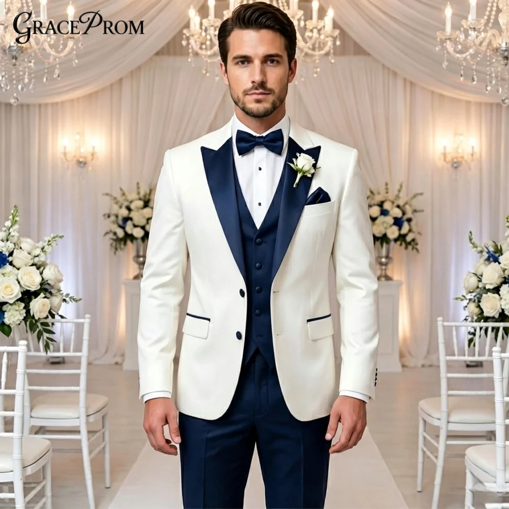 Elegant Contrast 3PCS Mens Tuxedo White Jacket Navy Vest Pants Set Notched Groom Suit For Wedding Prom Formal Event Customized