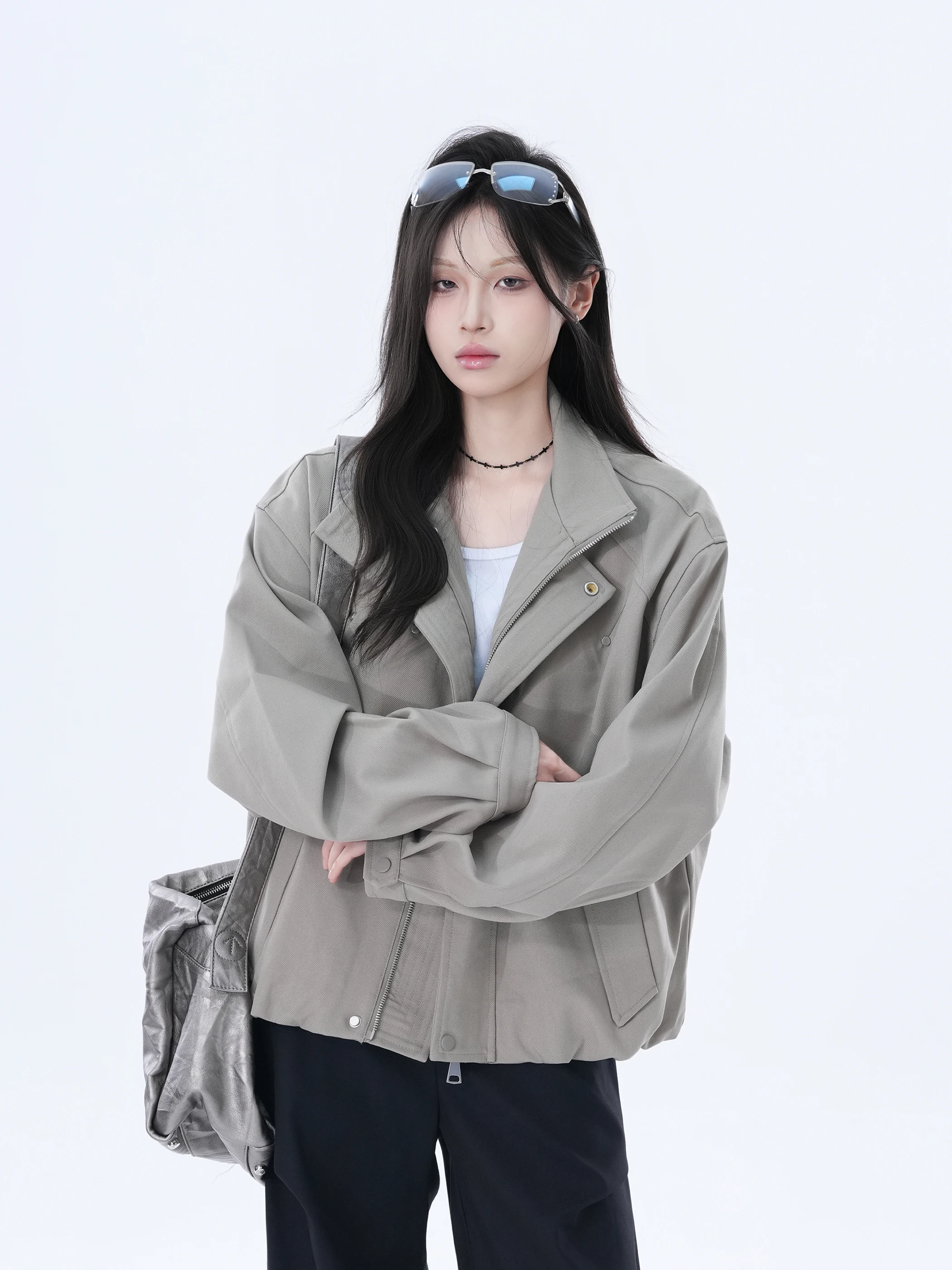 

Американская ретро-куртка в рабочем стиле для женщин: свободный крой, модный дизайн, верхняя одежда из полиэстера, длинный рукав, застежка-молния