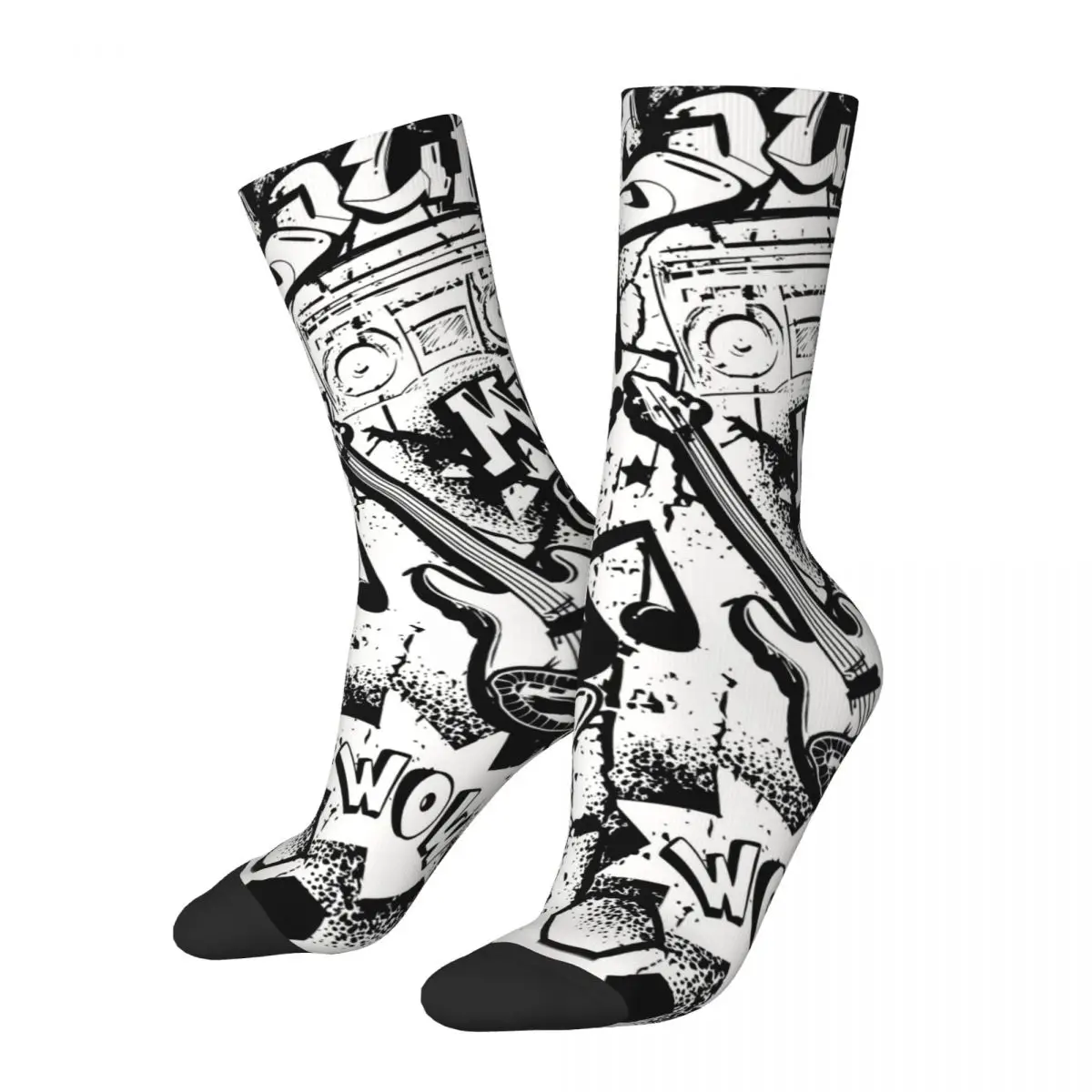 Crazy Sock for Men Black And White Comics Graffiti Harajuku Graffiti Art Pattern Quality Pattern Printed Crew Sock Seamless Gift