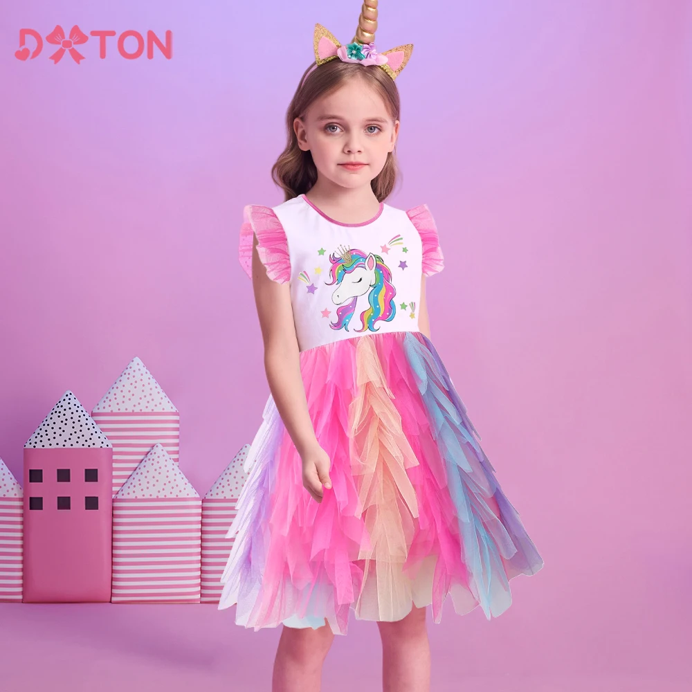 

DXTON Kids Flare Sleeve Dress Summer Girls Vestidos Licorne Children's Dress Star Irregular Mesh Tulle Layered Cake Girls Dress