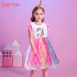 DXTON Kids Flare Sleeve Dress Summer Girls Vestidos Licorne Children's Dress Star Irregular Mesh Tulle Layered Cake Girls Dress