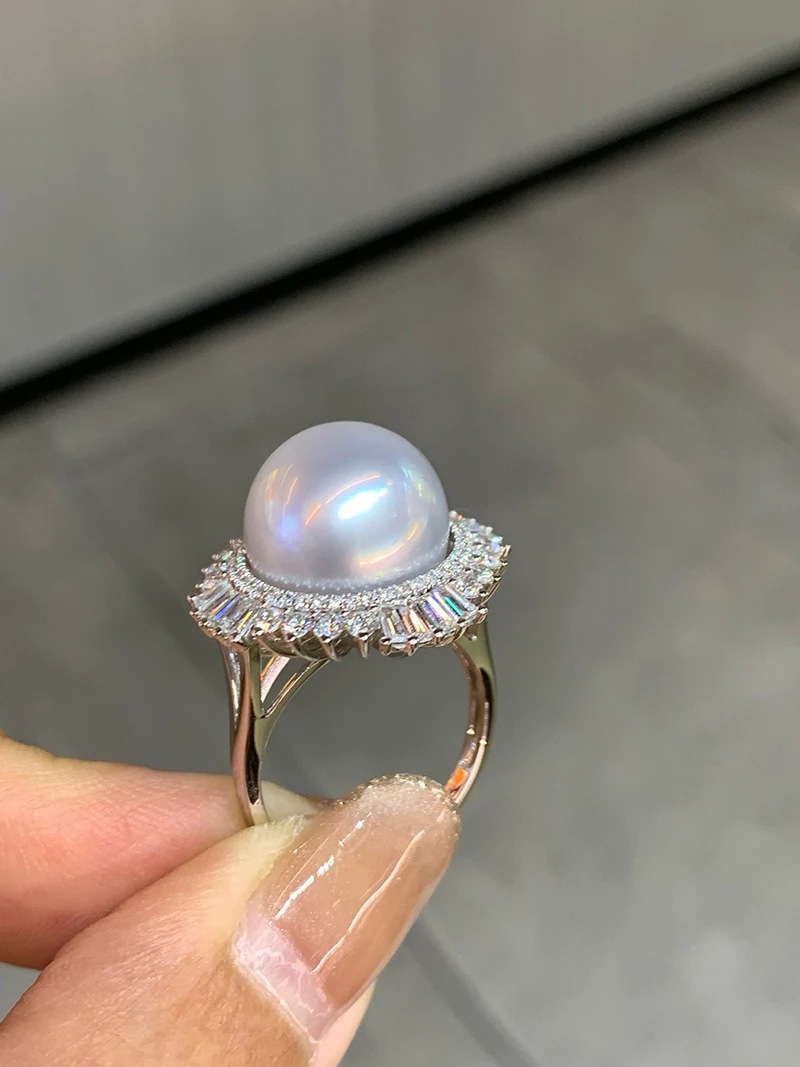 KUGG PEARL 18K White Gold Ring Luxury Elegant Style 13-14mm Natural Australian South Pearl Ring for Women