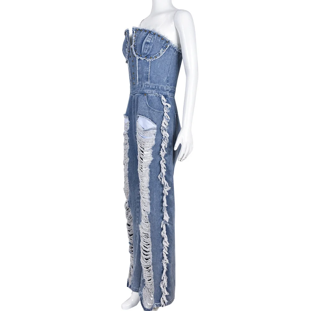 Fashion Trend Jumpsuite Femme Hollow Out  Overalls For Women Studded Diamond Strapless Backless Jeans Street