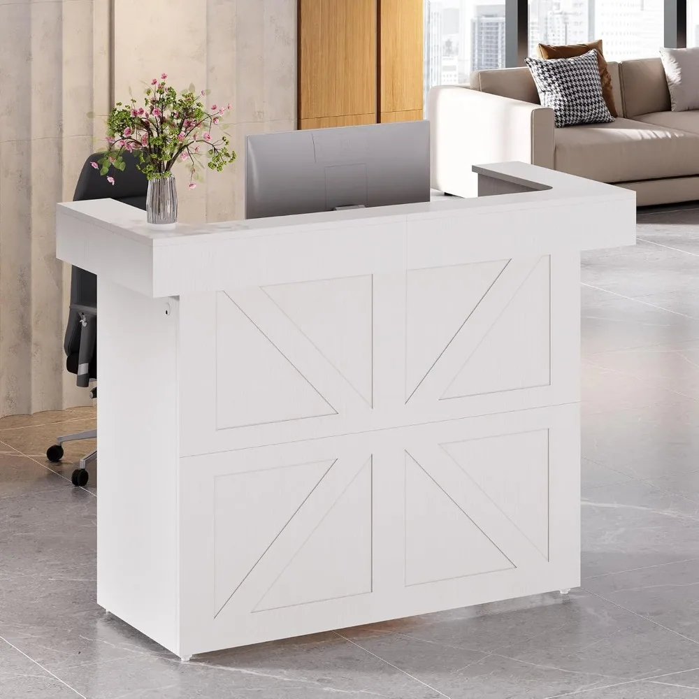 Mesa de recepção com balcão, recepção de 55 polegadas com luz LED e ilhós de cabo, mesa de balcão de checkout moderna para escritório