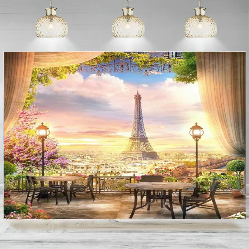 

Paris Panorama Effel Tower Garden Photography Background Sunset Glow Landscape Flower Bouquet Wedding Holiday Banner Backdrop