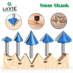 LAVIE 8Mm Vít 60 90 120 V Loại Làm Khe Cắt Khắc Grooving Dụng Cụ Router Bit Bộ An Toàn Dao Phay