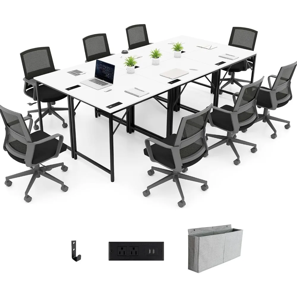 

Meeting Table,Boardroom Desk, Rectangular Conference Desk w/Recessed Power Strip, Storage Bag & Headphone Hook, Wide Desktop