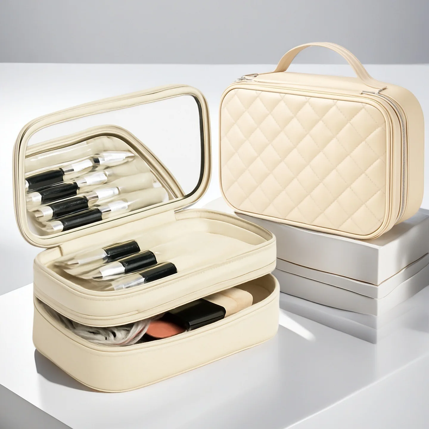 حقيبة مكياج للسفر بطبقة مزدوجة مع مرآة وحامل فرشاة، حقيبة أدوات الزينة المحمولة لتنظيم مستحضرات التجميل بسعة كبيرة