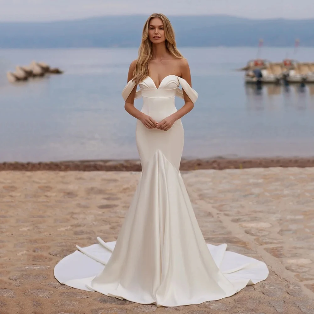 

Off Shoulder Satin Mermaid Wedding Dresses Backless Corset Brides Gown Elegant Bridal Dresses With Chapel Train Customized