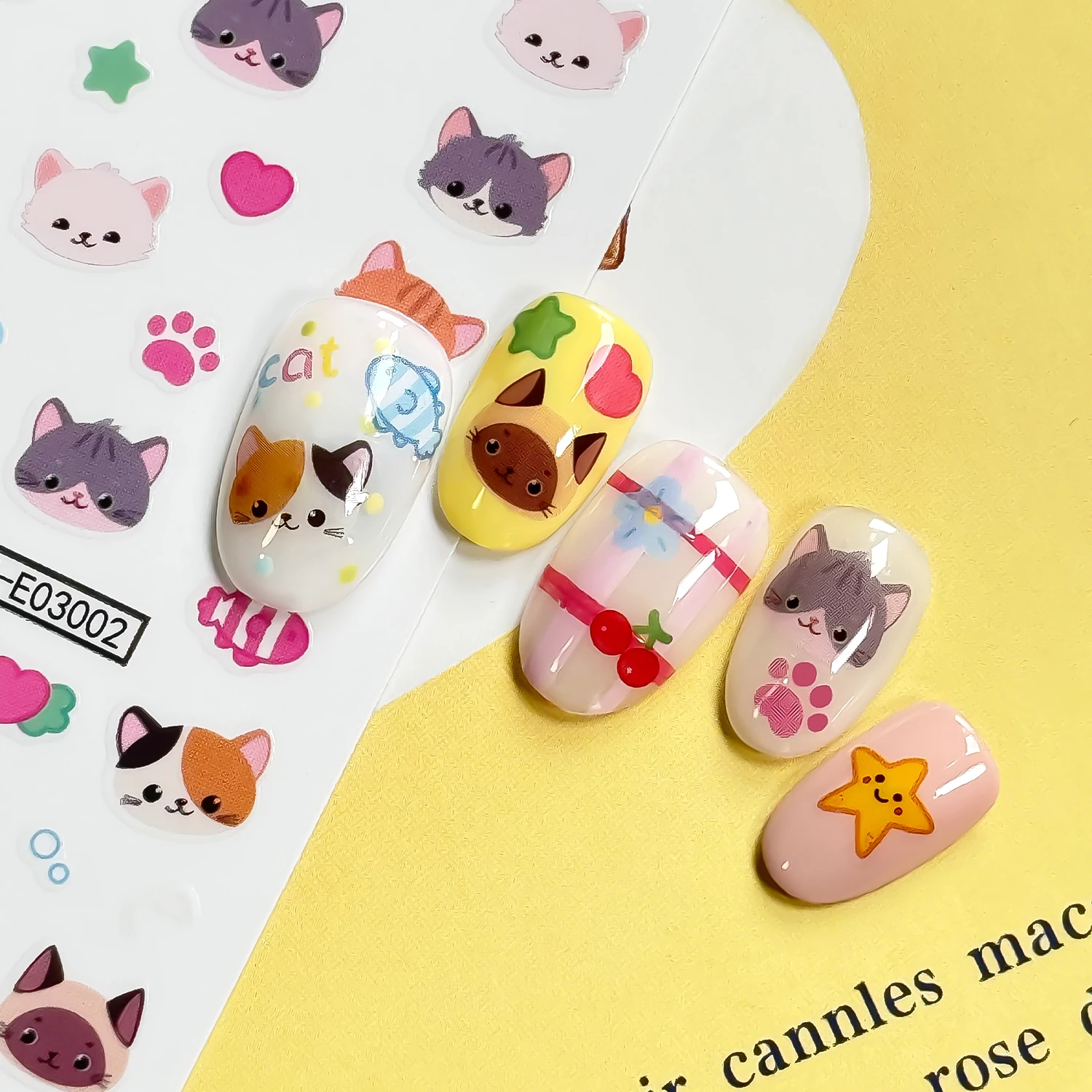 1/2 Stück 5D Niedliche Katzen-Nagelkunst-Aufkleber Mehrfarbige Kätzchenpfoten Stern Blumen Selbstklebende Nagelsticker Tier-Maniküre-Dekorationen – Detail 8