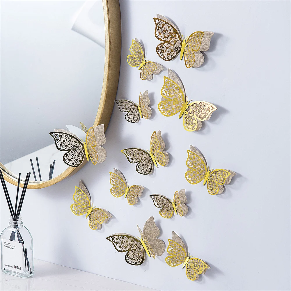 Home Decor Butterfly Stickers 3d Stereo Paper Decorations Hollow Butterfly Wall Sticker Hollow Butterfly Metallic Feel Gold