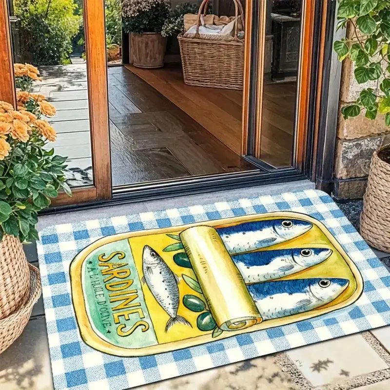 VIKAMA Fish Tin Print Small Rug Retro Blue White Gingham Check Mat Soft Washable Non Slip Floor Pad Entryway Home Decor