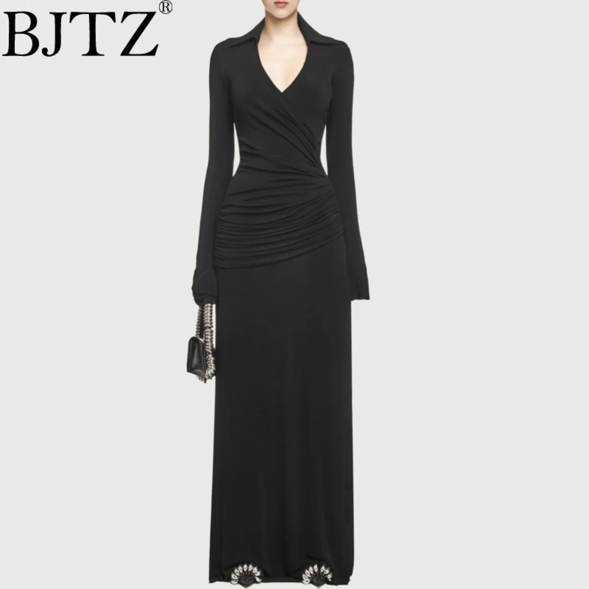 

BJTZ Pleated Lapel Long Skirt 2025 Spring And Summer New Elegant And Casual Niche Design Sense Of Temperament Slim V-neck Dress