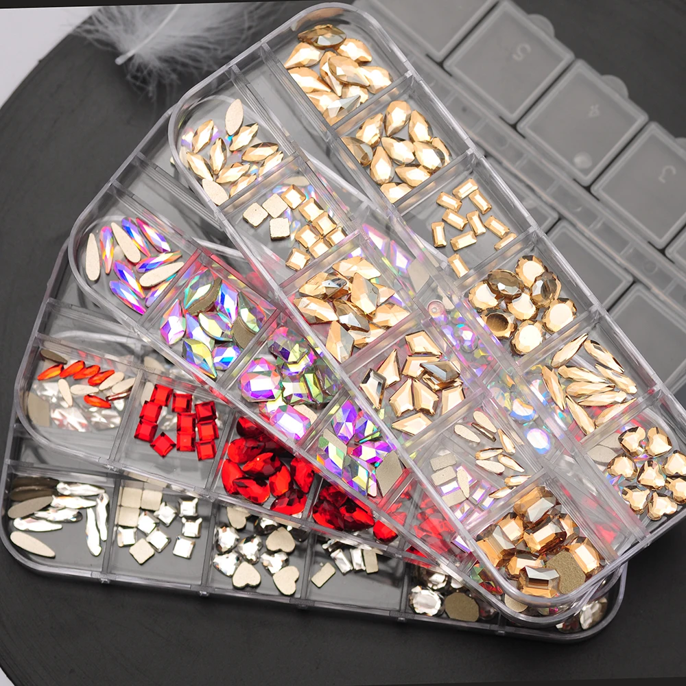 12Girds Box Multi Size colorato Non Hotfix strass Flatback Crystal Diamond Gems Glitter 3D Nail Art decorazione di lusso