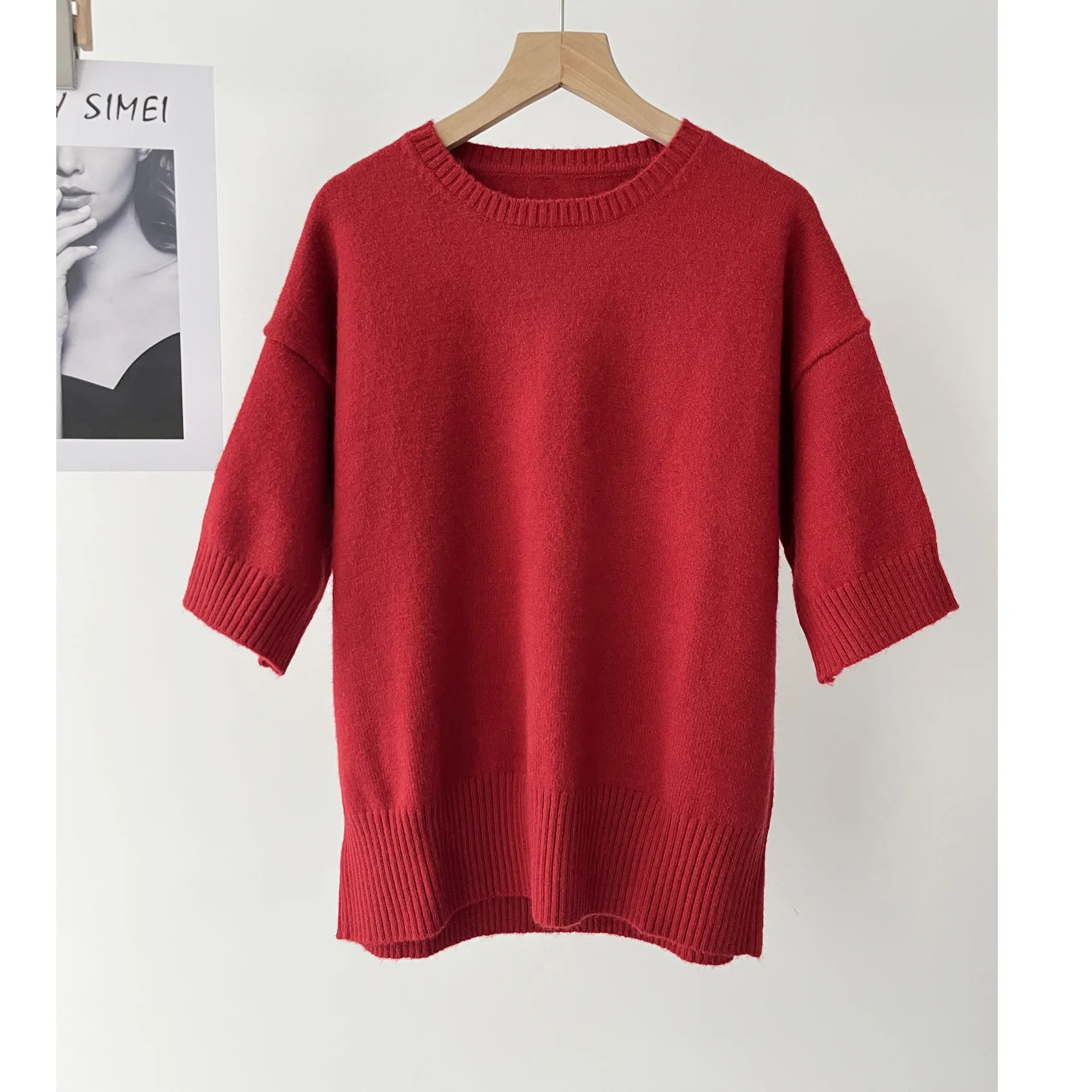 

Женский повседневный красный мягкий восковой свитер с круглым вырезом в ленивом стиле, вязаный свитер со средними рукавами, осенний топ 16a-5883