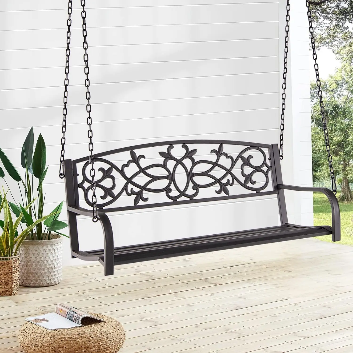 

Patio Metal Porch Swing, 2-Person Hanging Porch Swing Bench with Sturdy Chains & Retro Pattern Backrest, Customized