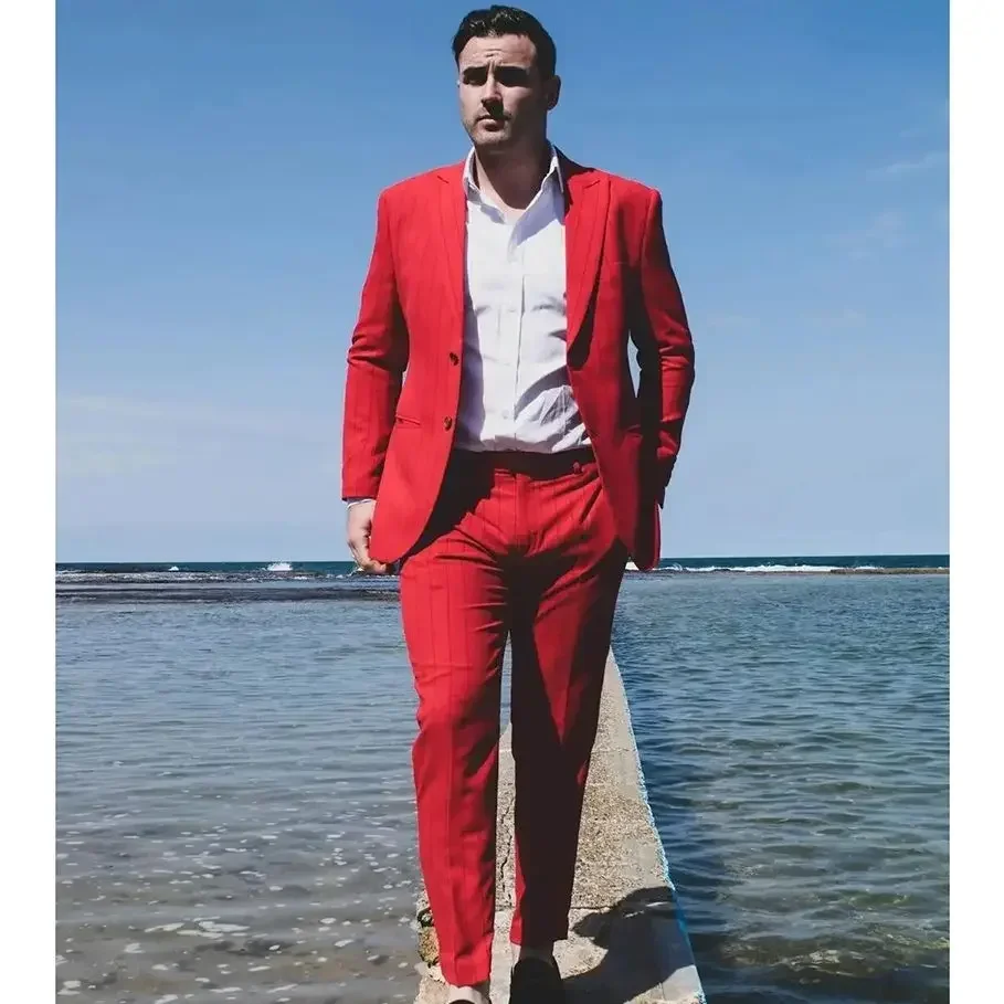 

Red Blazer Pants 2 Piece Suits for Men Peak Lapel Single Breasted Leisure Trveling Outwear 2024 Chic Costume Homme Slim Fit