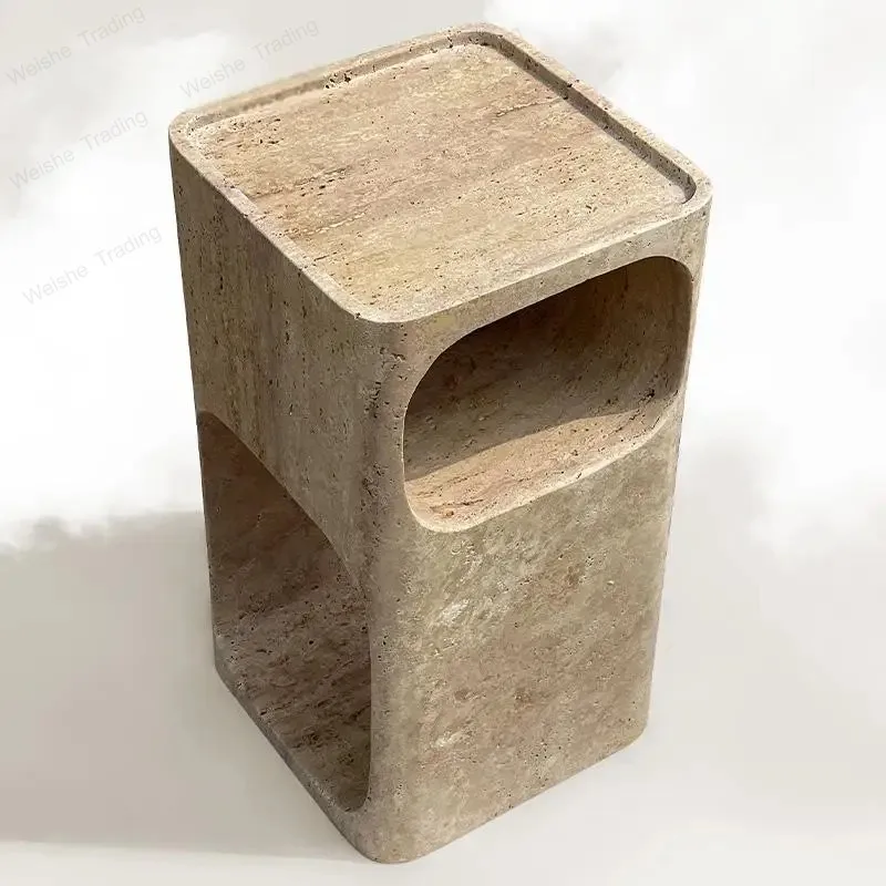 Nordic Travertine Bedside Table - Natural Marble Nightstand w/ Artistic Design for Living Room & Bedroom Decor