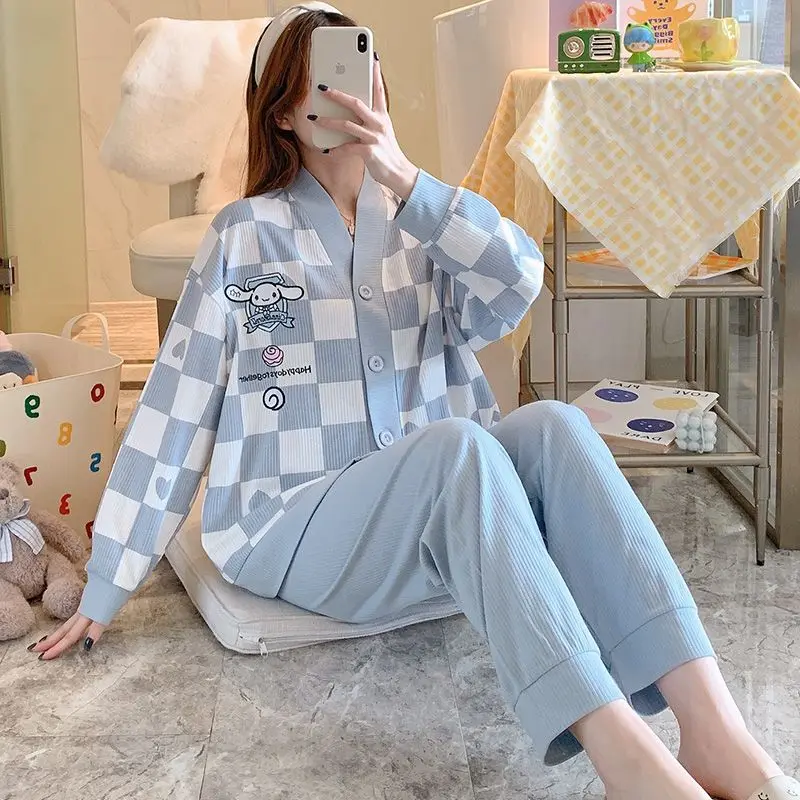 

Комплекты пижам Sanrio Cinnamoroll, милые пижамы с героями мультфильмов, студенческие пижамы, брюки, ночная рубашка с длинными рукавами, осенняя одежда для сна, женская домашняя одежда