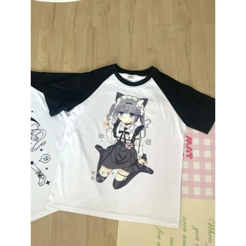 Harajuku camiseta de manga curta feminina, tops estampados de anime, retalhos soltos, preto e branco, casual japonês sweet tees, subcultura, Y2K, harajuku