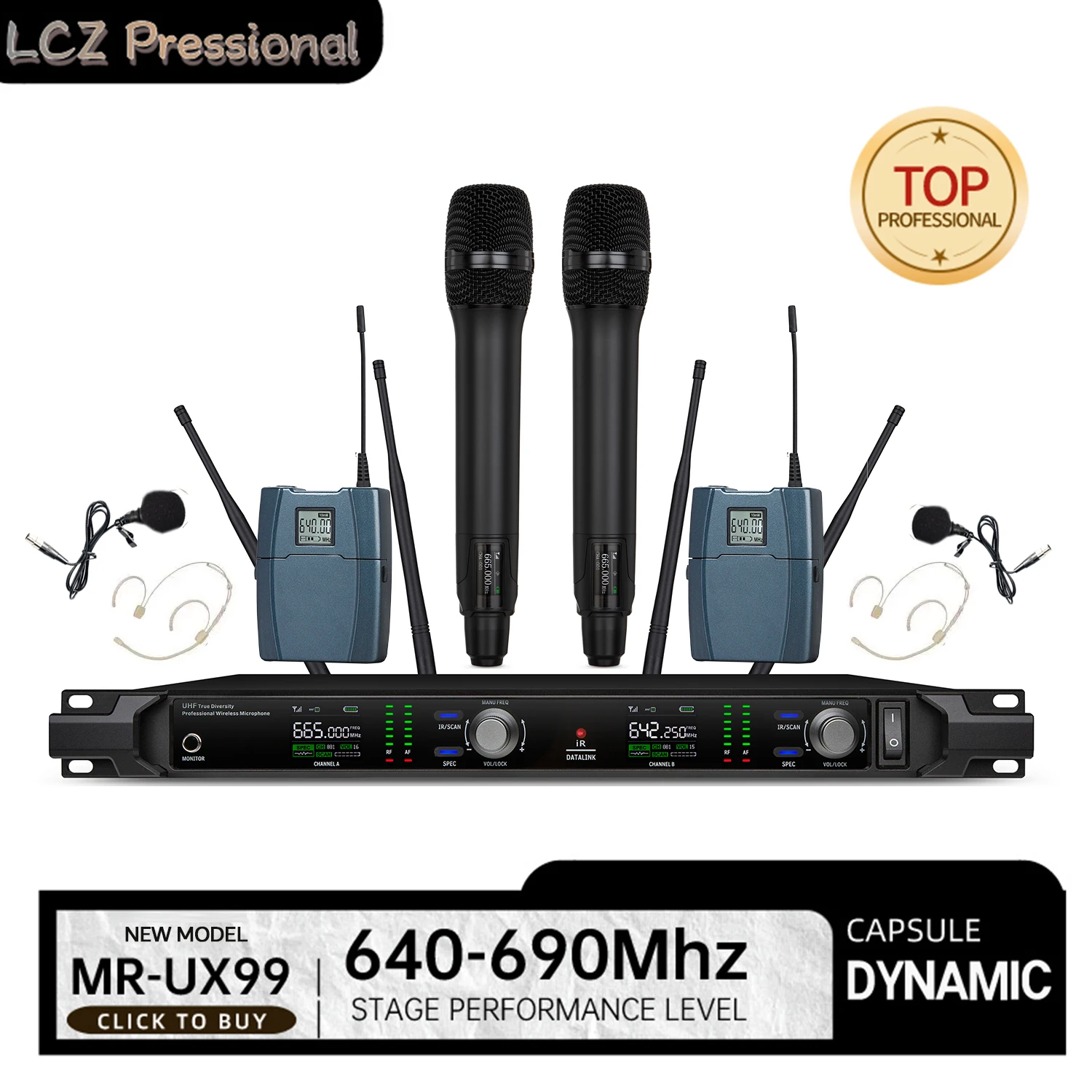 LCZ Audio MR-UX99 Dual Channel Wireless Microphone  Professional UHF Ultra-long Distance Microfono Metal Body Stage Audio System