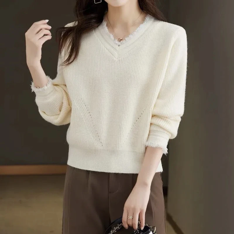 Women's Clothing Autumn Winter V-Neck Solid Color Pullover Lantern Long Sleeve Sweater Knitted Elegant Casual office lady Tops