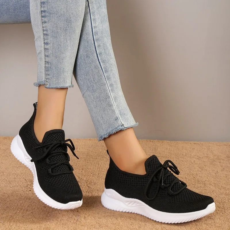 Mesh Fabric Low Heel Lace-up Shoes for Women 2023 High Quality Spring/Autumn Solid Hollow Sneakers Zapatillas Deportivas