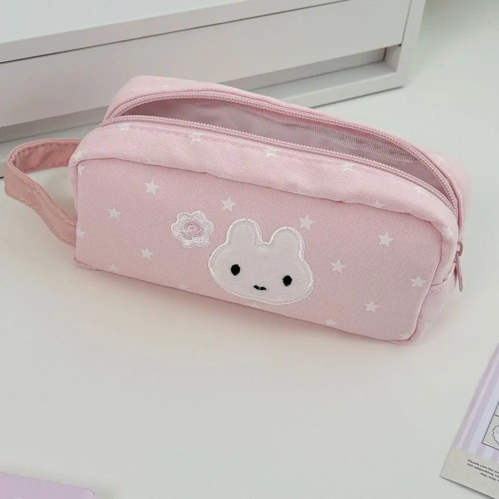 Pink Pen Bag Handheld Zipper Design Stationery Bag Star Rabbit Pattern Large Capacity Stationery Organizer School Office