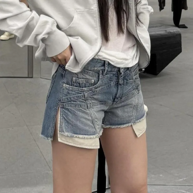 HKSH Women Denim Shorts Dark RO Style Side-Slit Frayed Irregular Patchwork Distressed Washed Trend High Street Hot Pants HK25865