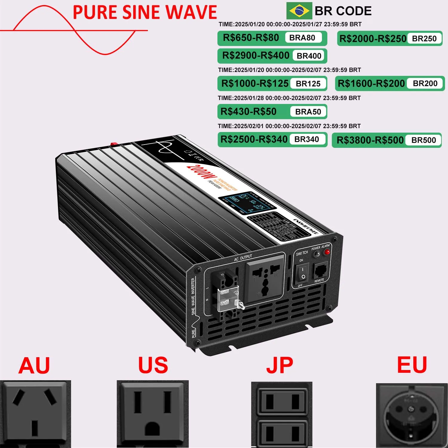 2000W pure sine wave solar power inverter DC 12V 24V 48V  to AC 110V 220V LCD display