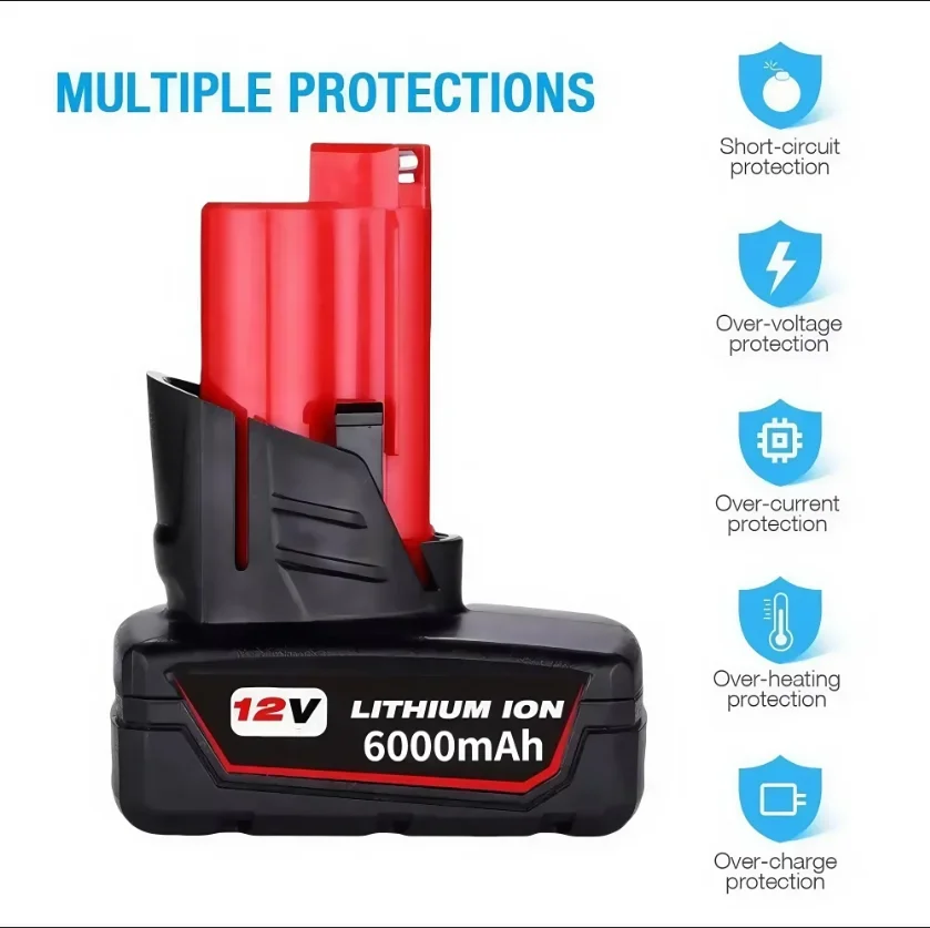 

For Milwaukee 12V 6.0Ah/6000mAh-M12 Lithium batteries for charging power tools，For M12 XC 48-11-2410 48-11-2420 48-11-2411