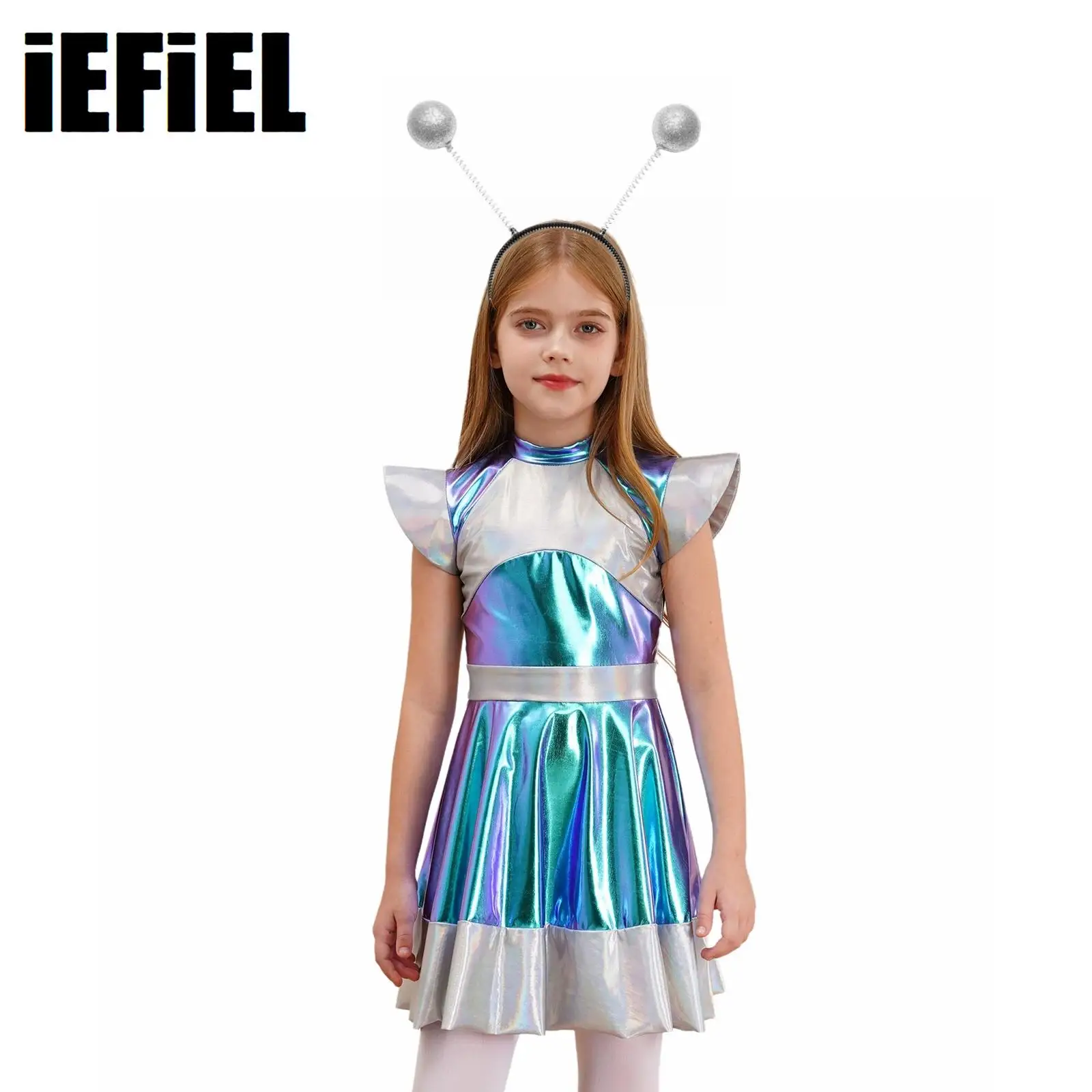 

Kids Girls Alien Cosplay Costume Set Outer Space Cutie Costume Dress with Funny Alien Hair Hoop Accessory for Halloween