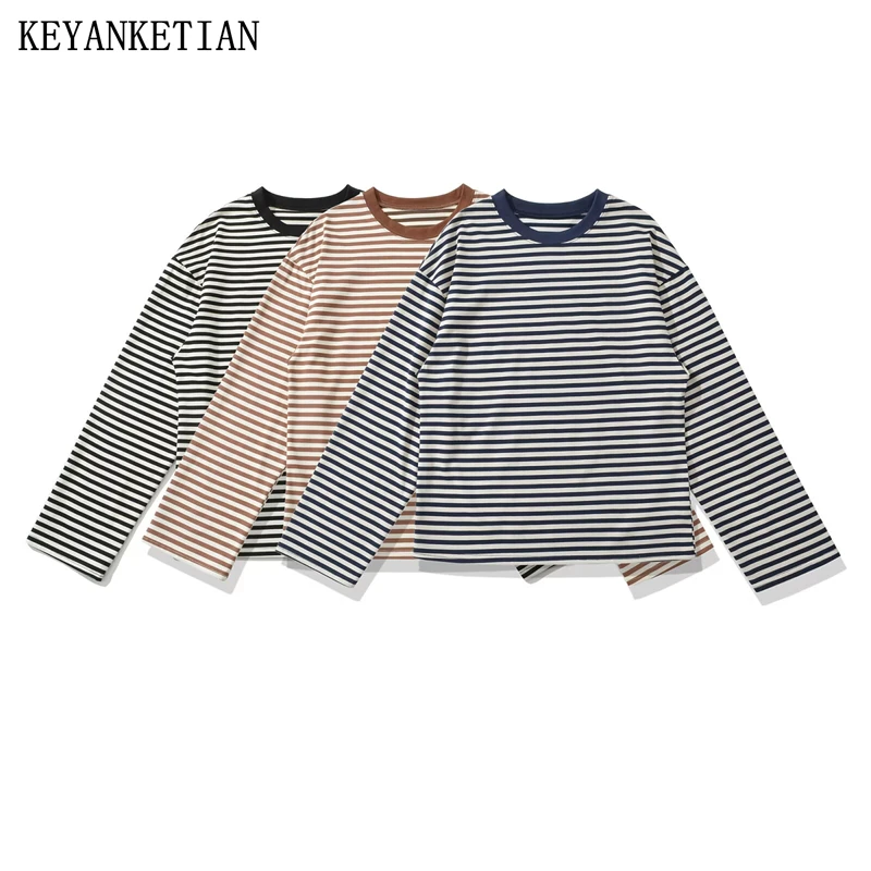 

KEYANKETIAN 2025 Autumn New Preppy Style Classic Horizontal Striped T-shirt Pullover Women Loose O-Neck Long Sleeve Cotton Tees
