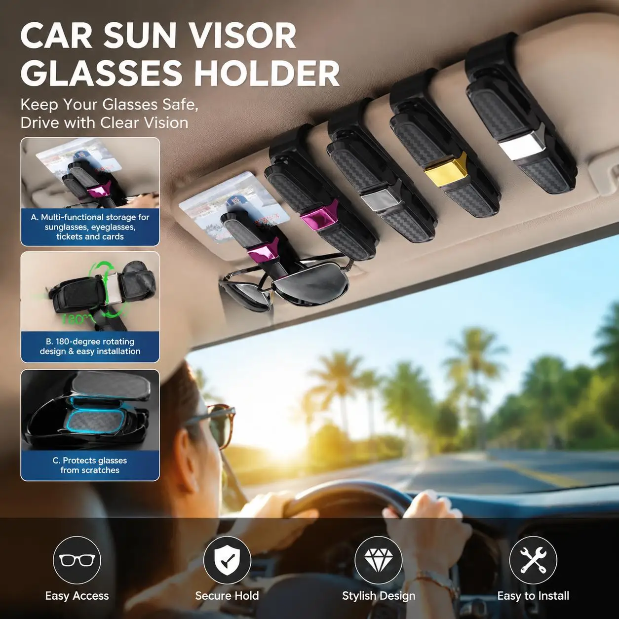 Car Glasses Holder Clip Sun Visor Eyewear Clip with 180 Degree Rotational Double Ended Eyeglass Mount Premium Carbon Fiber Design Universal Auto Interior Storage Organizer and Fastener for Receipts Cards