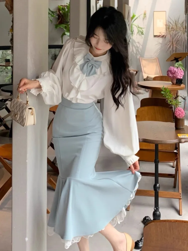 Autumn Women Elegant Shitr Skirt Two Piece Set Pull Sleeve Ruffles Bow Shirt +Bodycon Lace Patchwork Mermaid Midi Skirt OL Mujer