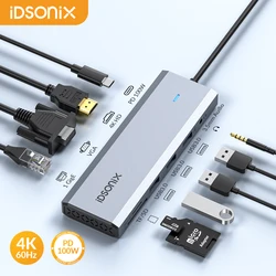iDsonix Type C USB 3.0 HUB 10 in 1 Docking Station Multiport Adapter with HDMI 4K@60Hz PD100W Gigabit Ethernet SD/TF Card Reader