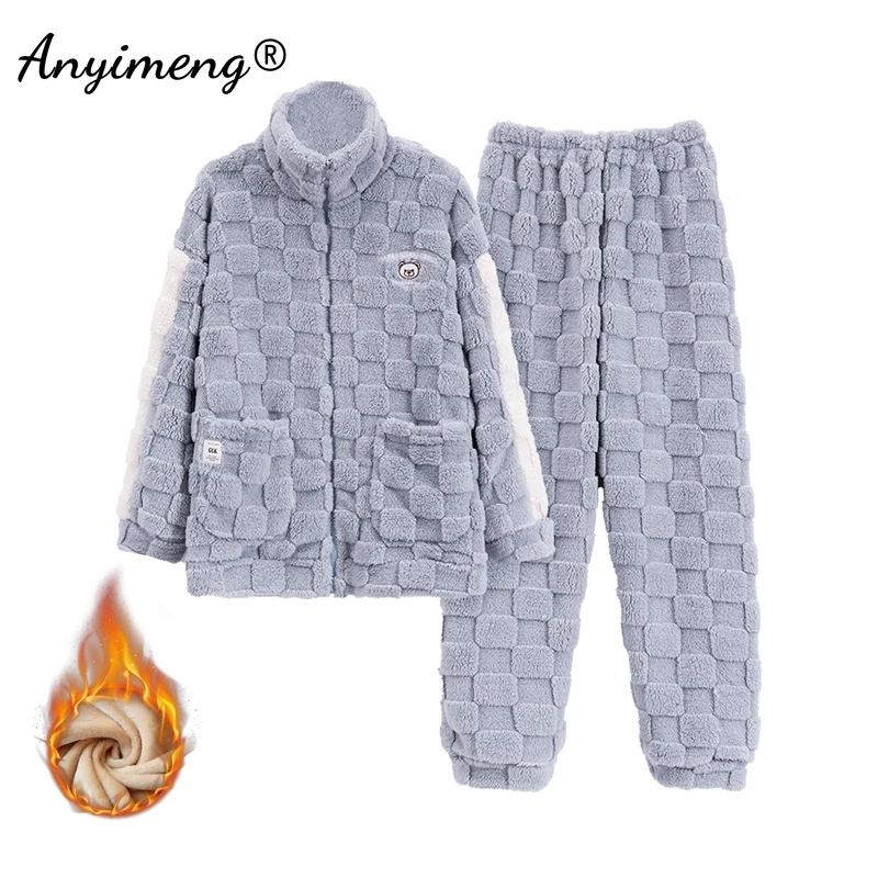 Winter Flannel Women Pajamas Zipper Lapel High-neck Sleepwear Thermal Thick Fluffy Loungewear Cardigan Pijamas Sporty Homewear