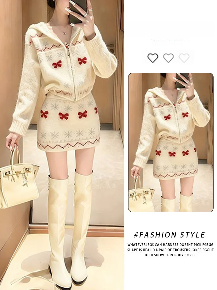 

Стильный вязаный комплект из двух предметов: шапка и юбка с высокой талией для женщин, модный осенне-зимний вариант, дышащий, средней толщины, на молнии.