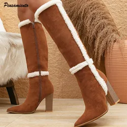 Fashion Faux Suede Brown Patchwork Women Knee High Boots Autumn Winter Pointed toe Thick High heels Warm Long Shoes Botas Mujer