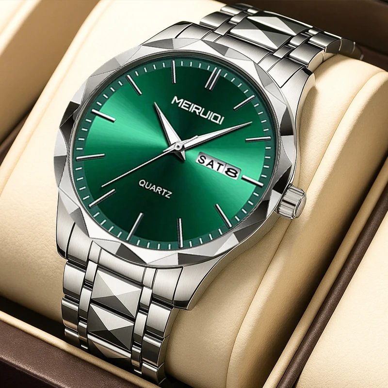 

Мужские минималистичные часы серебристо-зеленого цвета в отпускном стиле с простым циферблатом, отображающим календарь недели, и шкалой в виде шпилек.