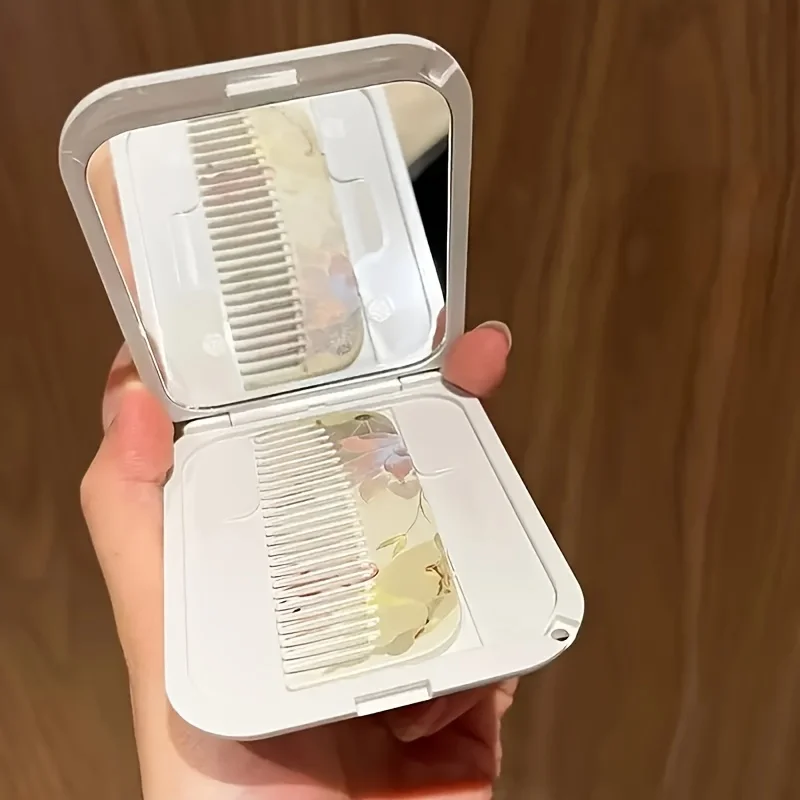 Portable Floral Hair Comb and Mirror Set, Durable ABS