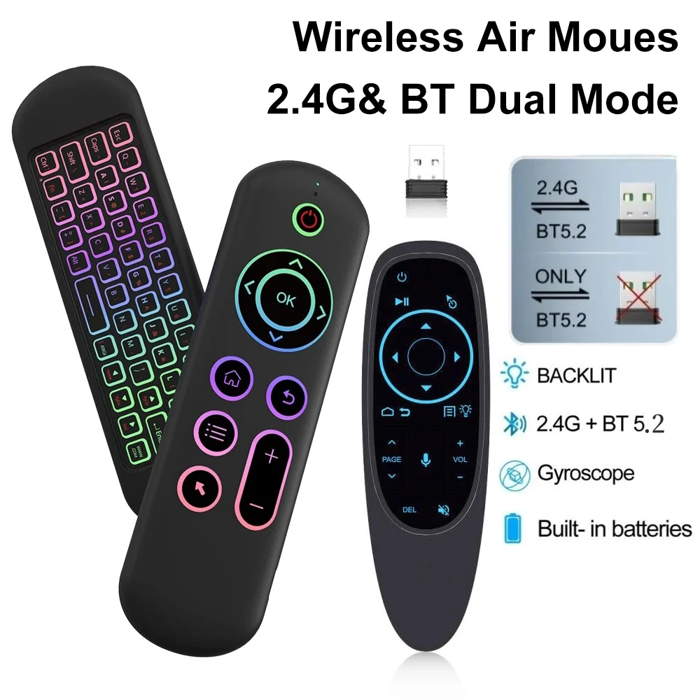 

Пульт дистанционного управления Air Mouse Голосовой гироскоп 7-цветная мини-клавиатура с подсветкой Двухрежимная 2,4G BT5.2 Беспроводная связь для Android Smart TV Box PC