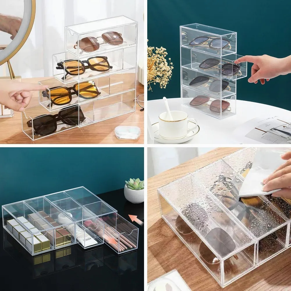 

4-Layer Acrylic Stackable Sunglasses Organizer Box, Transparent Drawer Display Holder for Makeup & Jewelry Storage