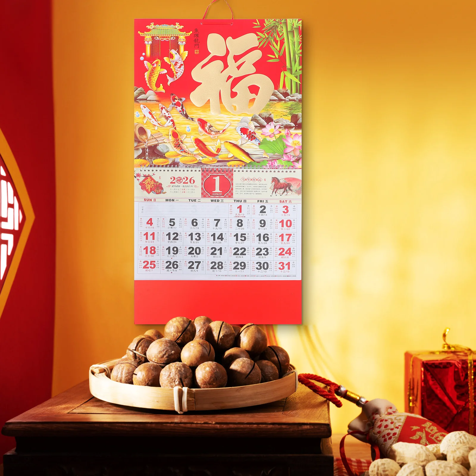 Jaar van het paard 2026 Chinese maankalender goudfolie Fu karakter traditioneel muurhangend decor 26,72 x 14,34 inch thuiskantoor dagelijks